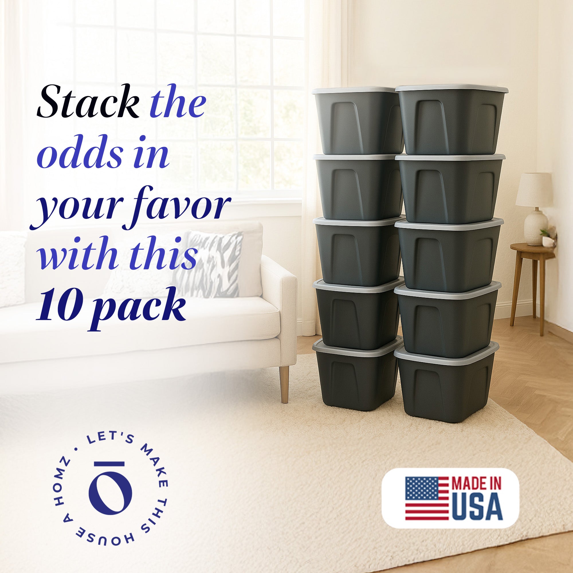 Homz 6610BKTS.10 10 Gallon Durable Molded Plastic Storage Bin w/ Lid (10 Pack)