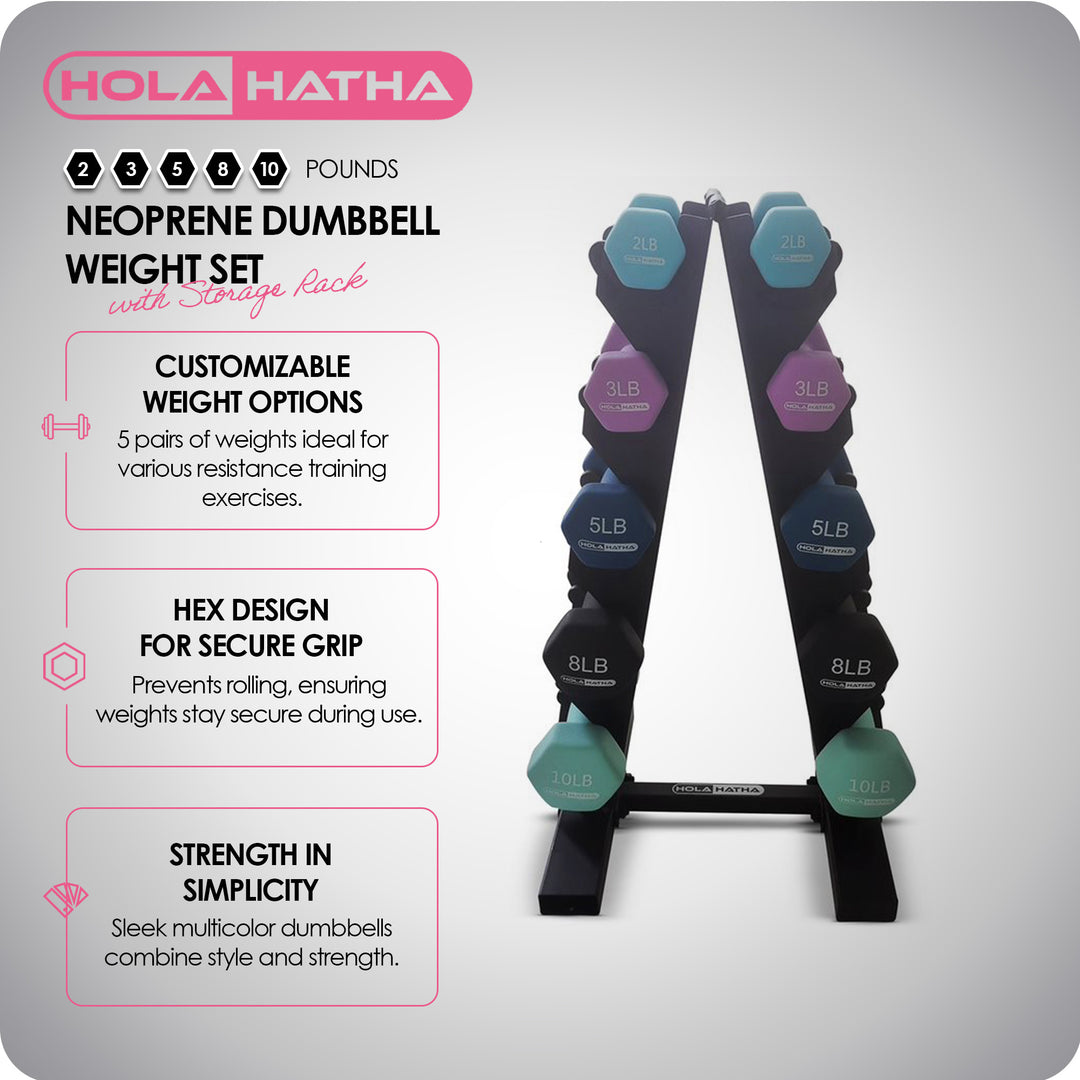 HolaHatha 2, 3, 5, 8, & 10 Lb Neoprene Dumbbell Free Weight Set w/ Rack (Used) - VMInnovations