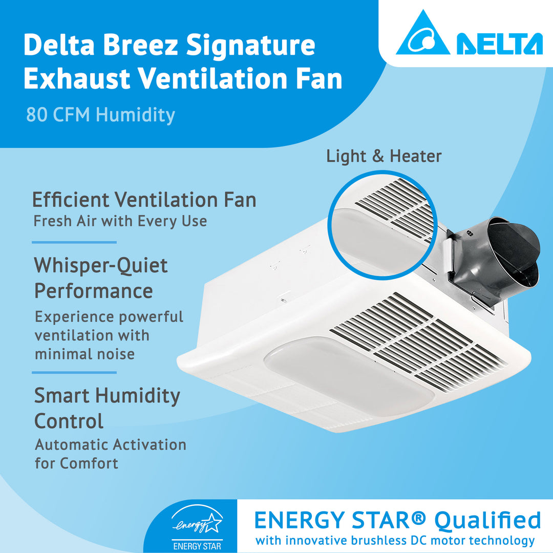 Delta Breez Radiance Exhaust Bath Fan 80 CFM with Built-In Light & Heater, White - VMInnovations