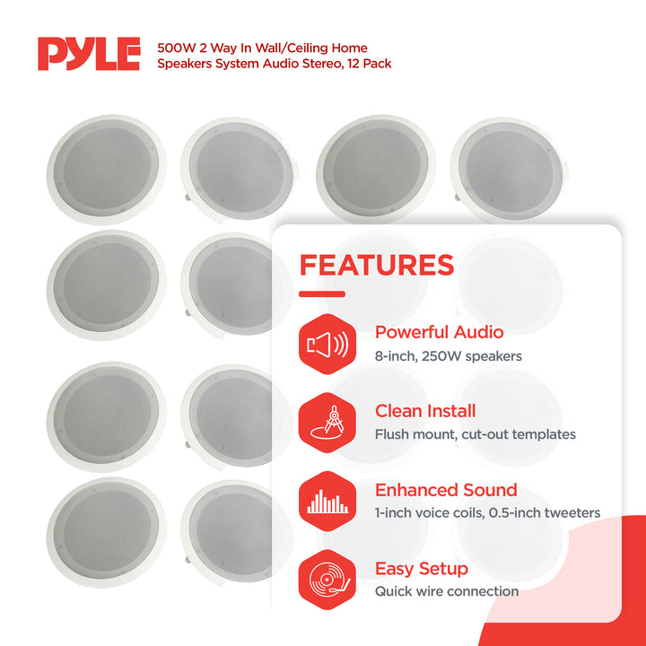 Pyle 8" 500W 2 Way In Wall/Ceiling Home Speakers System Audio Stereo, 12 Pack