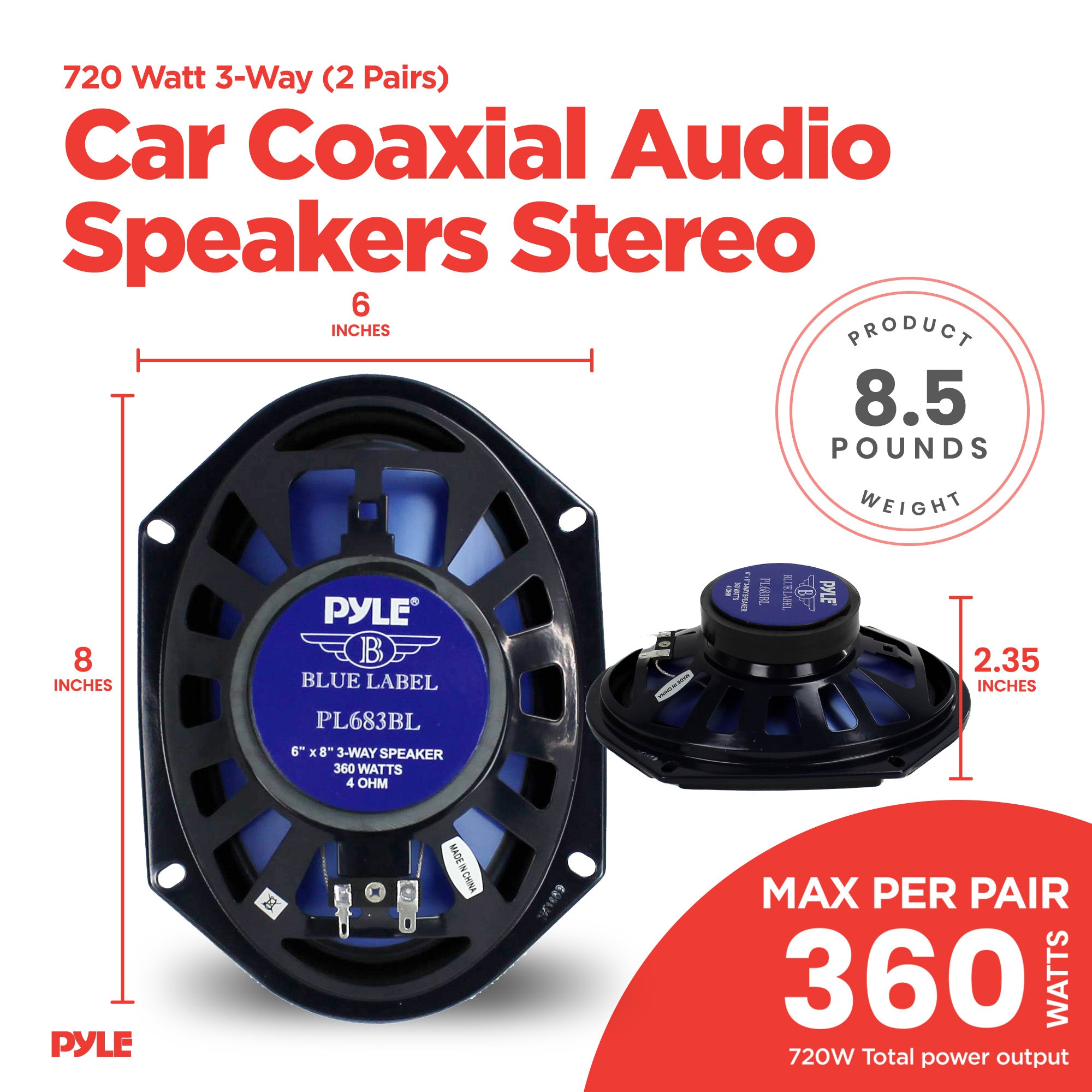 Pyle PL683BL 6x8" 720 Watt 3-Way Car Coaxial Audio Speakers Stereo - Blue