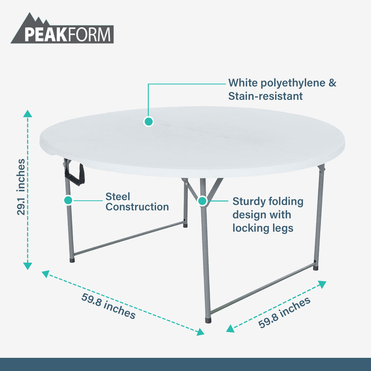 Peakform Round Folding Banquet Table for Indoor or Outdoor Use, 60 Inch, White - VMInnovations