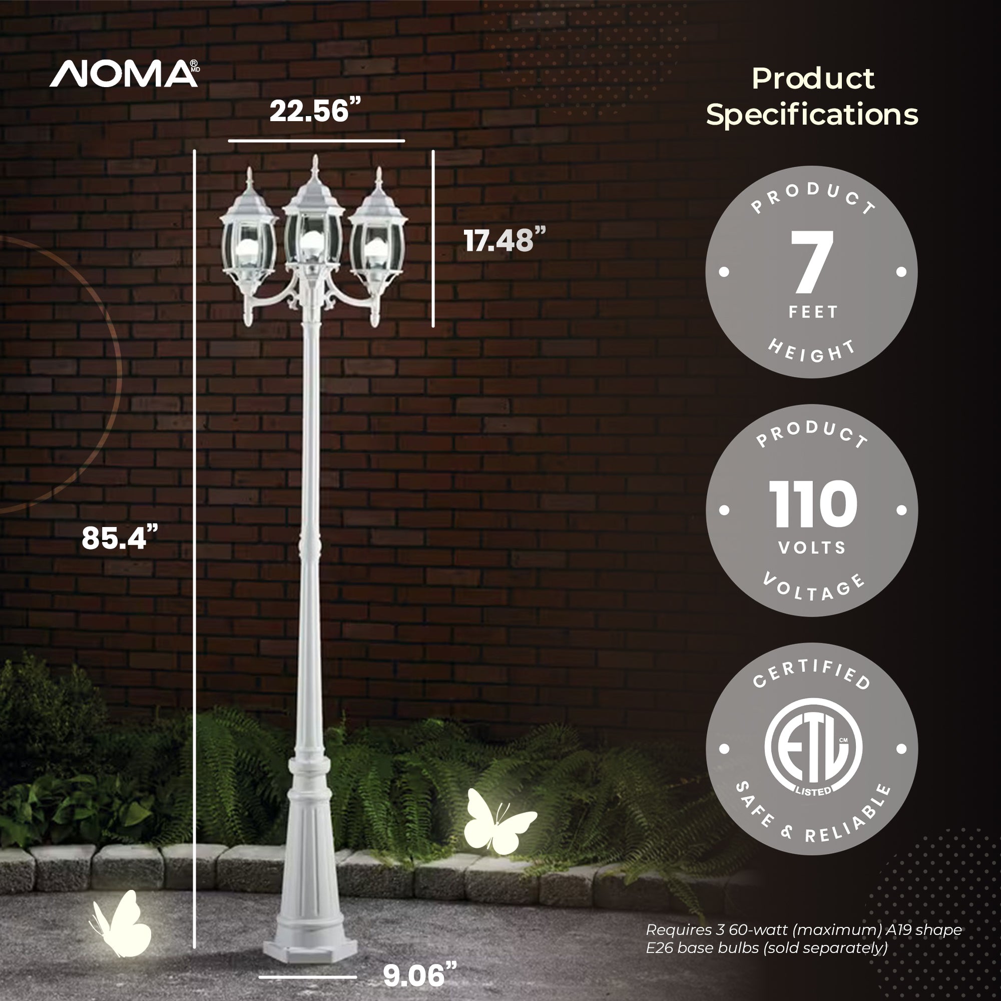 NOMA 7' Outdoor Lamp Post Triple Head All Weather Classic Decor Light, White - VMInnovations