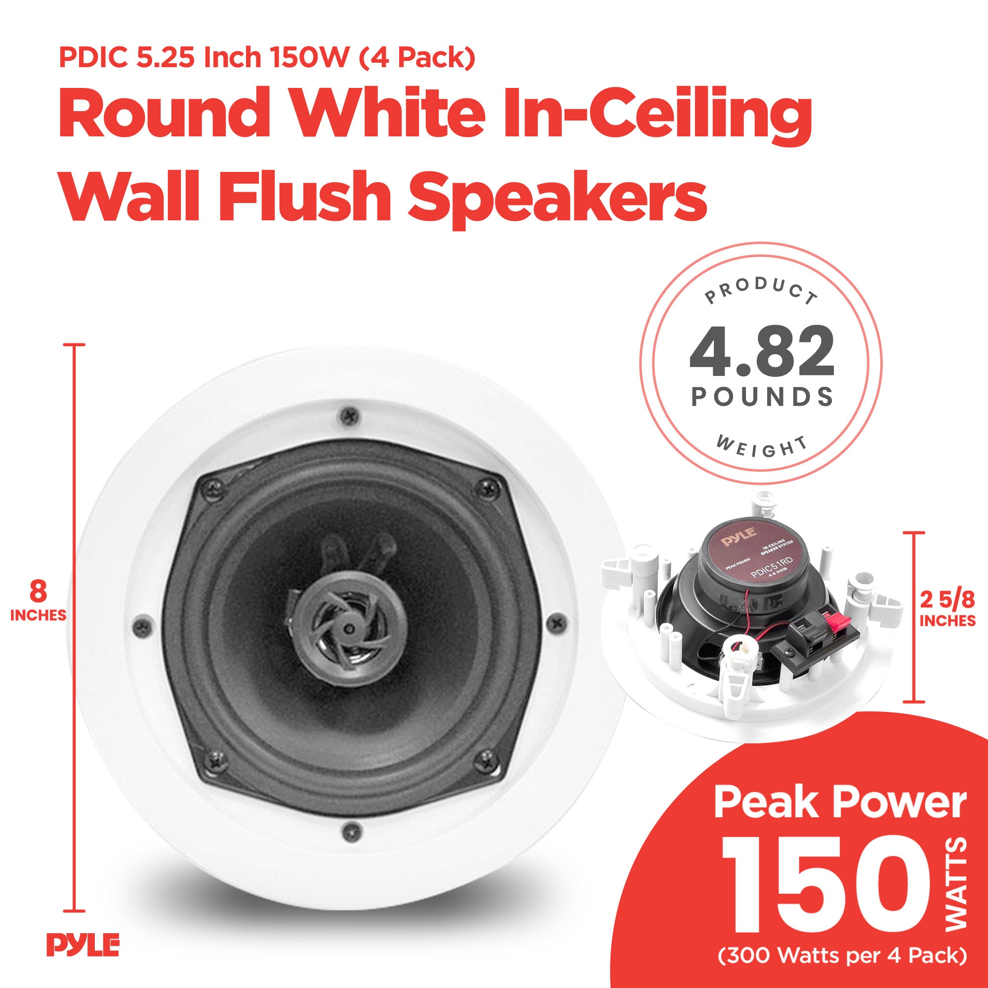 4) Pyle PDIC51RD 5.25 Inch 150W Round White In-Ceiling Wall Flush Speakers Four - VMInnovations