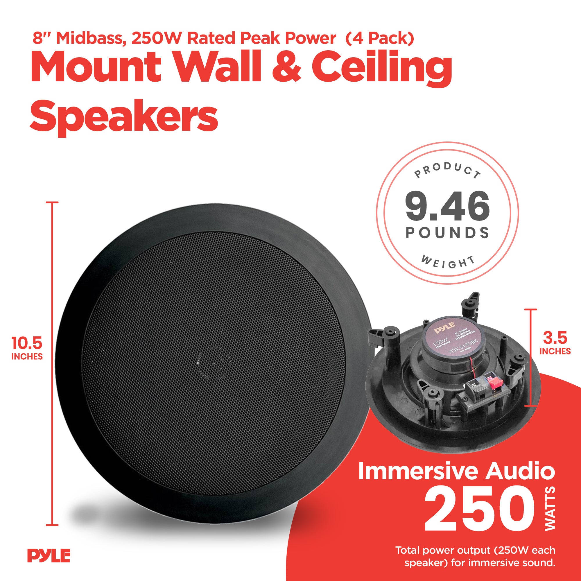 4) NEW Pyle PDIC81RDBK 250W 8 Inch Flush In-Wall In-Ceiling Black Speakers Four - VMInnovations