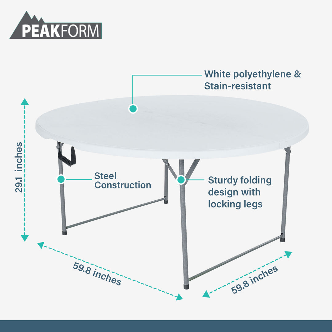 Peakform Round Folding Banquet Table for Indoor or Outdoor Use, 60 Inch, White