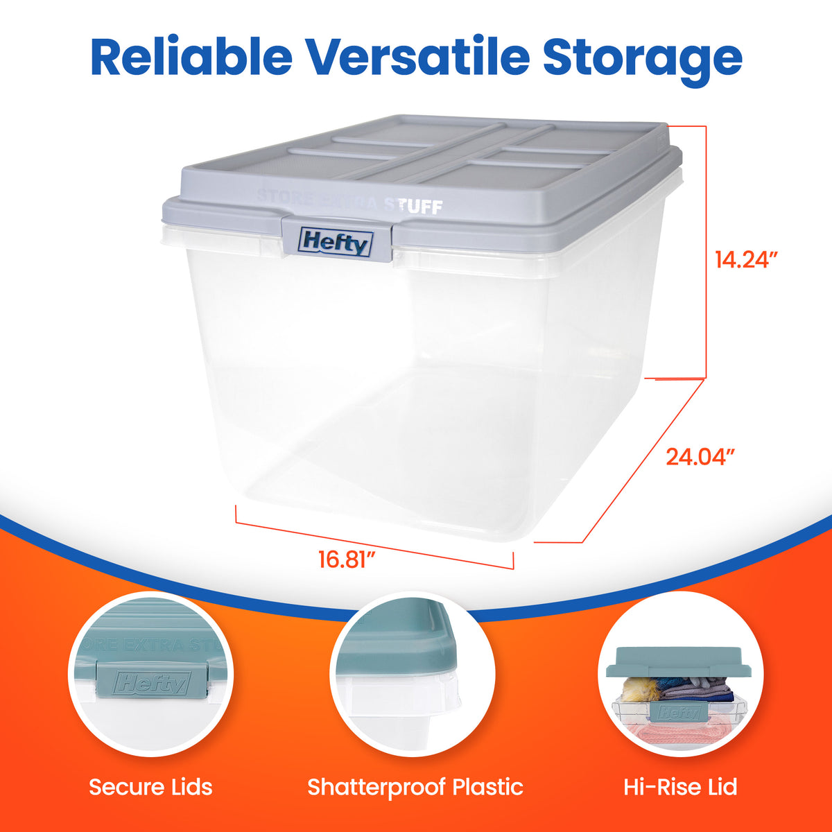 Hefty 72 Qt Hi-Rise Stackable Plastic Storage Bin with Lid, Gray 6pk (Open Box) - VMInnovations