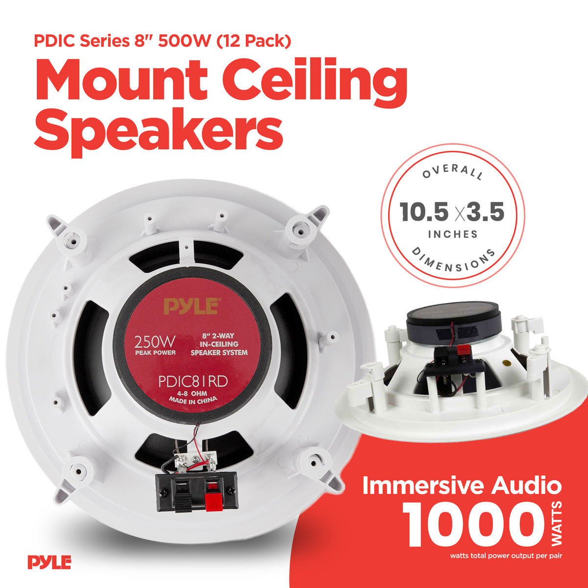Pyle 8" 500W 2 Way In Wall/Ceiling Home Speakers System Audio Stereo, 12 Pack