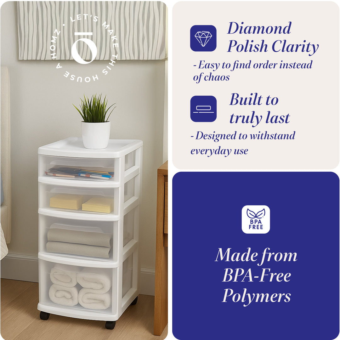 Homz Clear Plastic 4 Drawer Medium Home Storage Container Tower, White Frame