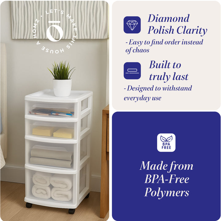 Homz Clear Plastic 4 Drawer Medium Home Storage Container Tower, White Frame