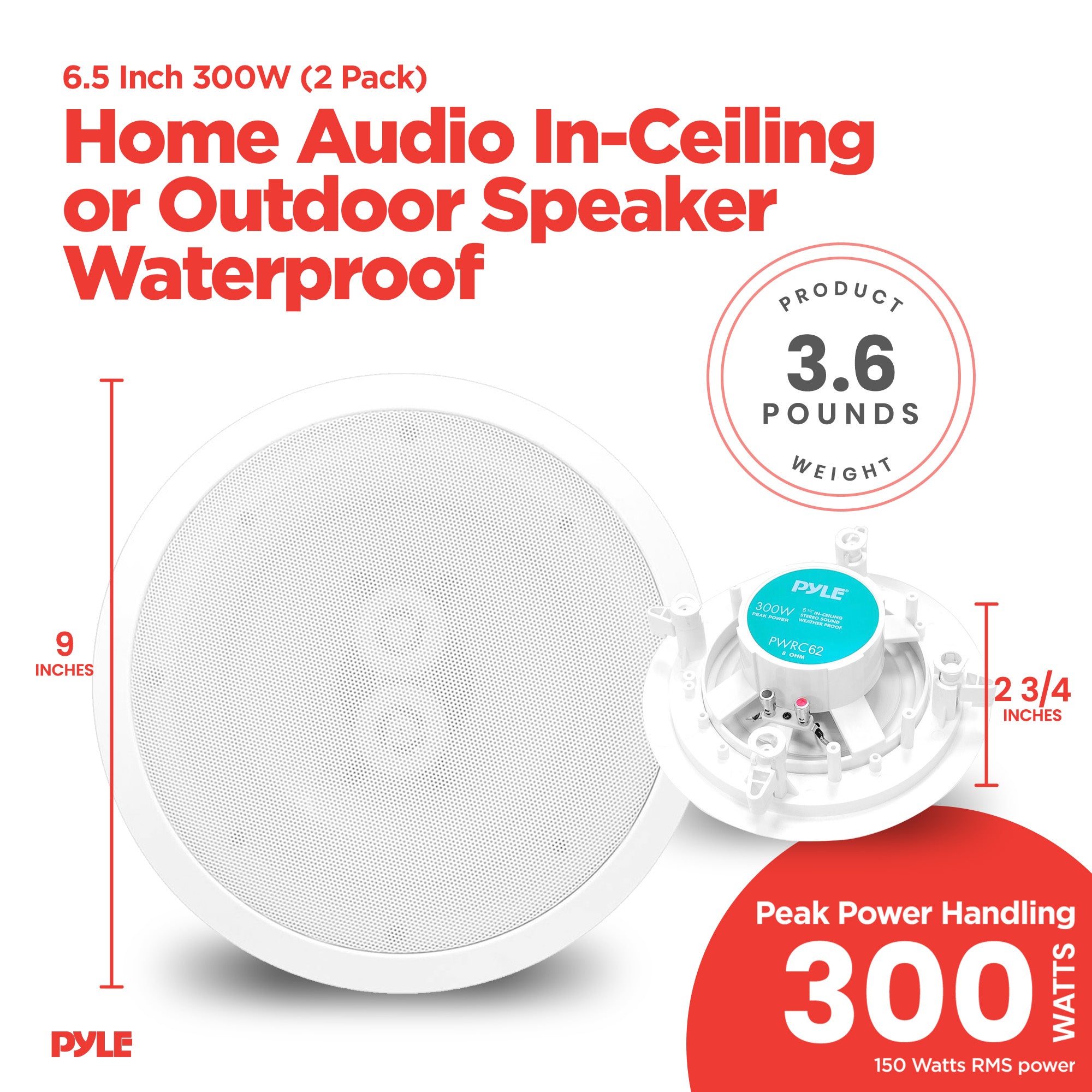 Pyle 6.5 Inch 300W Home Audio In-Ceiling or Outdoor Speaker Waterproof (2 Pack) - VMInnovations