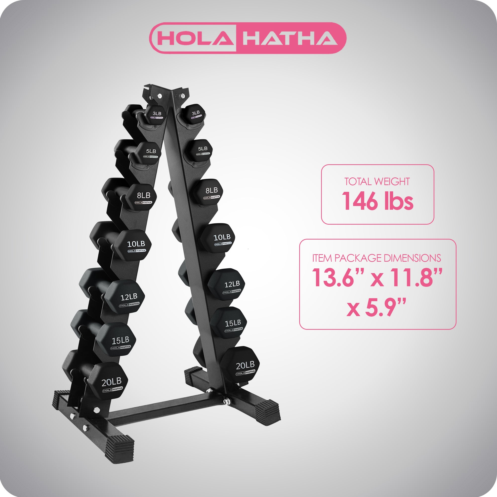 HolaHatha 146 Pound Neoprene Dumbbell Full Body Weight Set with Storage Rack - VMInnovations