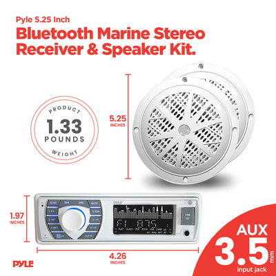 Pyle 5.25 Inch Bluetooth Marine Stereo Receiver & Speaker Kit, White (Open Box)