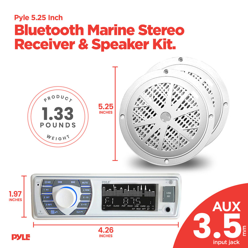 Pyle 5.25 Inch Bluetooth Marine Stereo Receiver & Speaker Kit, White (Open Box)