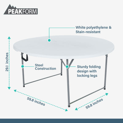 Peakform Round Folding Banquet Table for Indoor or Outdoor Use, 60 Inch, White - VMInnovations