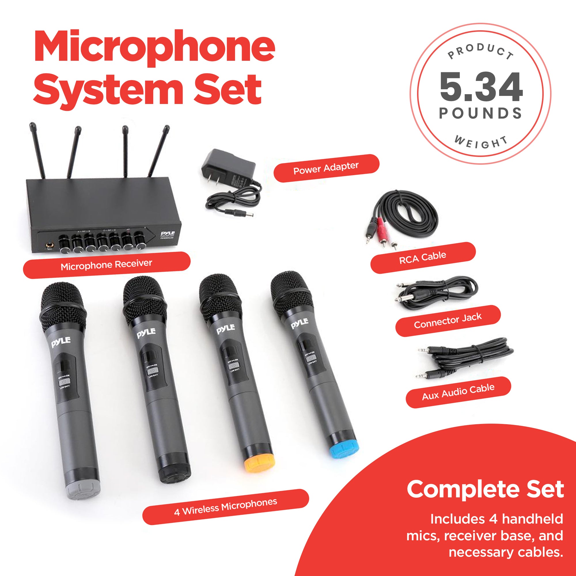 Pyle Wireless Microphone System Set Bluetooth Receiver Base & 4 Mics (Open Box)