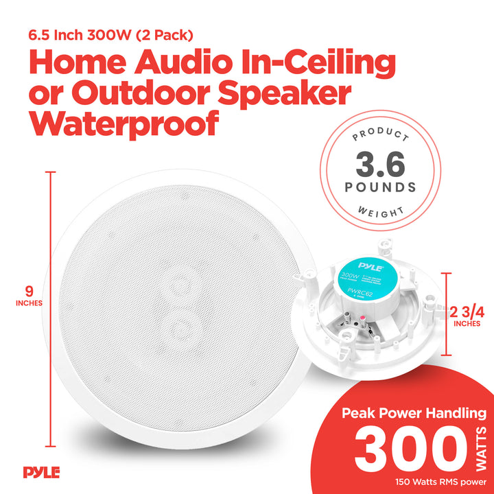 Pyle 6.5 Inch 300W Home Audio In-Ceiling or Outdoor Speaker Waterproof (2 Pack)