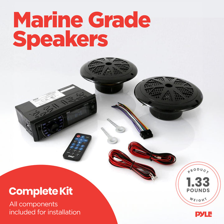 Pyle 5.25 Inch Bluetooth Marine Receiver Stereo & Speaker Kit, Black (Open Box)