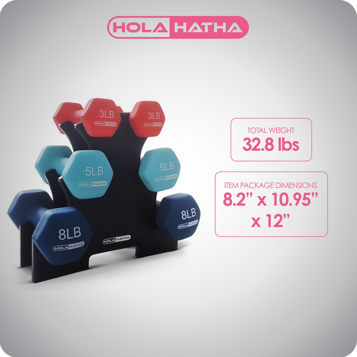 HolaHatha Dumbbell Weight Set w/ 3, 5 & 8 LB Hand Weights & Storage Rack (Used)