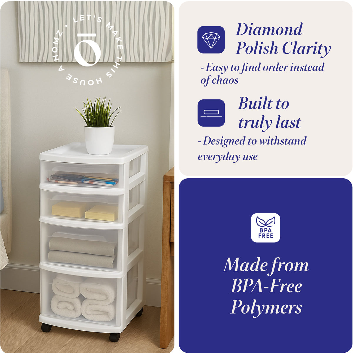 Homz Clear Plastic 4 Drawer Medium Storage Container Tower & 3 Tier Unit, White