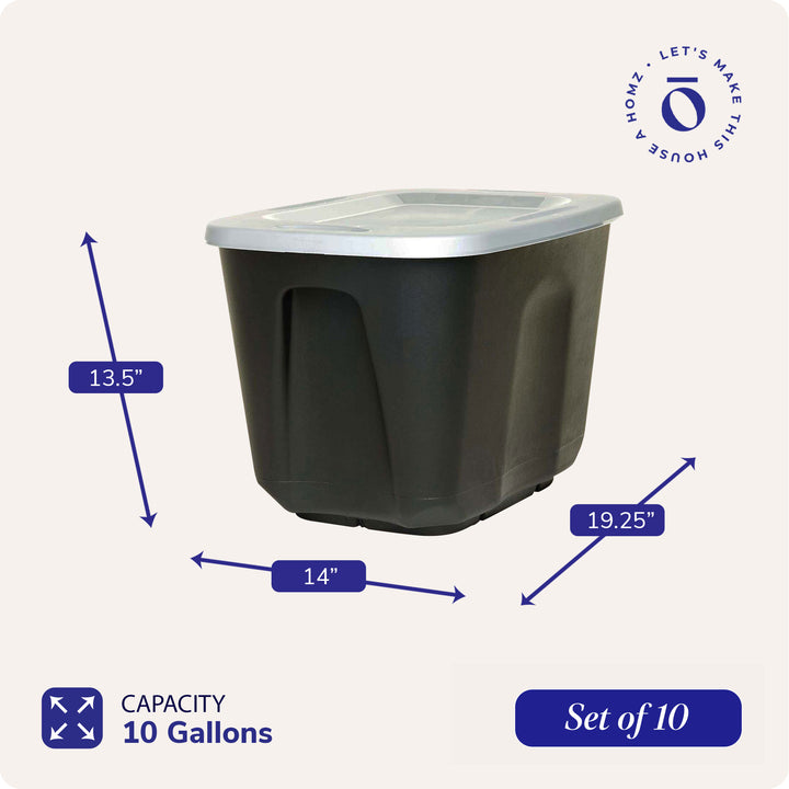 Homz 6610BKTS.10 10 Gallon Durable Molded Plastic Storage Bin w/ Lid (10 Pack)