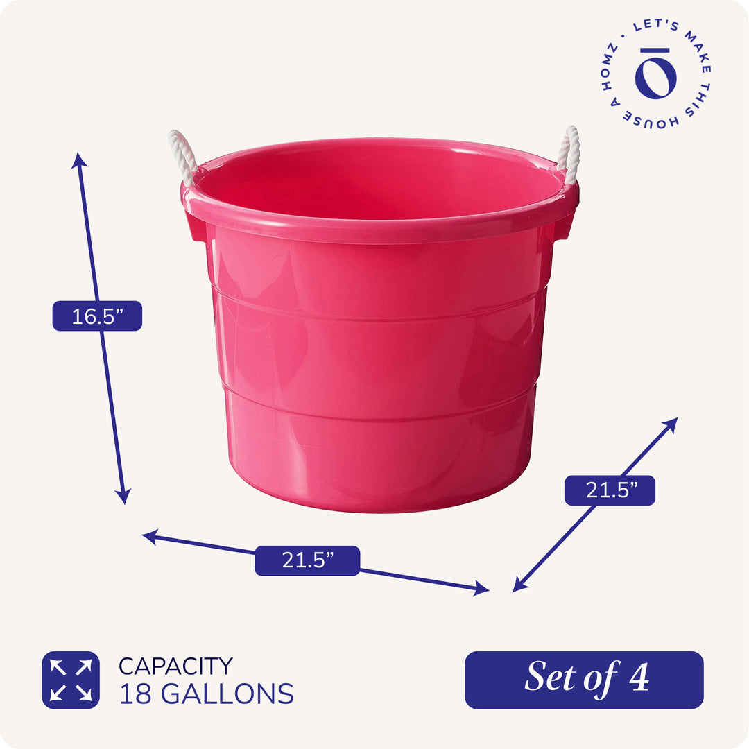 Homz Plastic 18 Gallon Utility Bucket Tub Container with Handles, Pink (2 Pack)