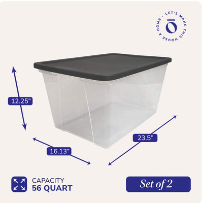 Homz 56 Qt Stackable Plastic Storage Container w/Snaplock Lid, Gray (2 Pack) - VMInnovations
