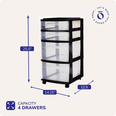 Homz Plastic Clear 4 Drawer Medium Home Storage Container Black Frame(Open Box)