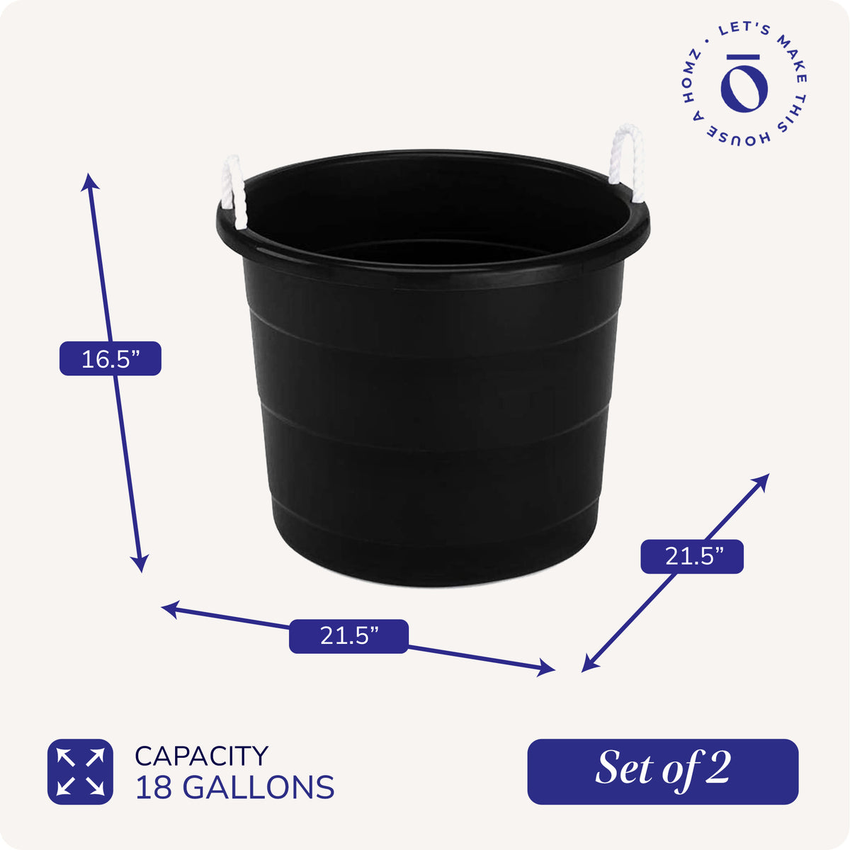 Homz 18 Gallon Plastic Storage Bucket Tub w/ Rope Handles, Black, 2 Pack (Used)