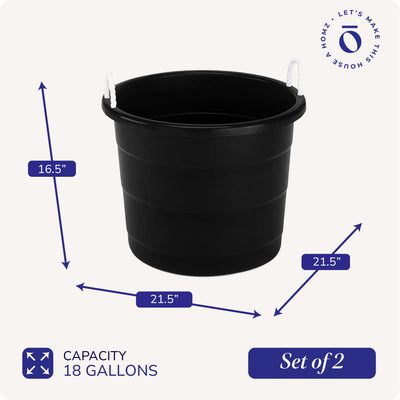 Homz 18 Gallon Plastic Storage Bucket Tub w/ Rope Handles, Black, 2 Pack (Used)