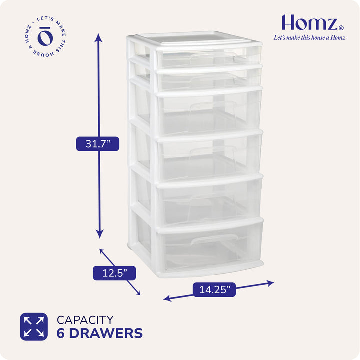 Homz Plastic 6 Clear Drawer Medium Home Storage Container Tower, White Frame