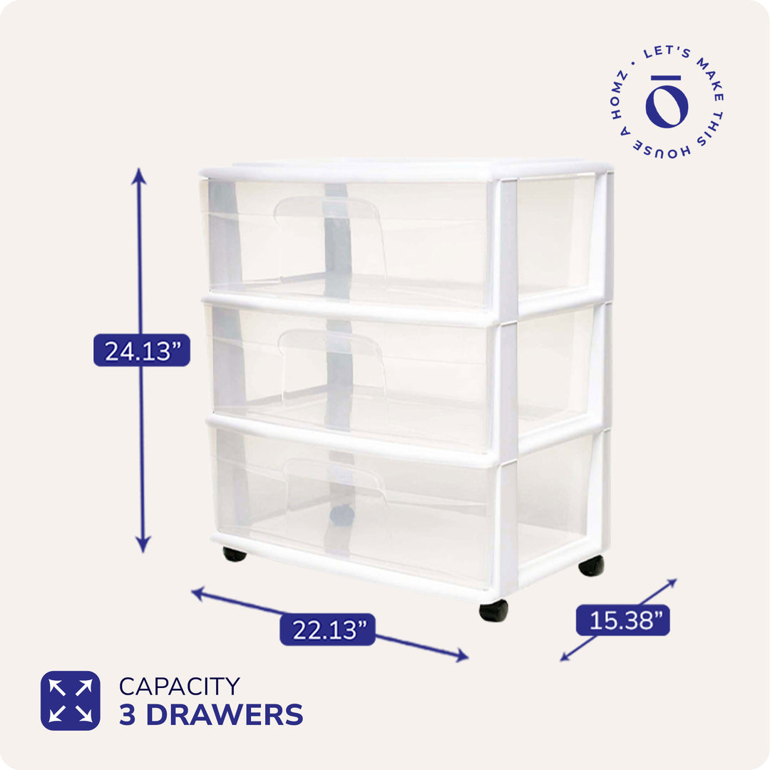 Homz Plastic 3 Clear Drawer Small Rolling Storage Container Tower, White Frame