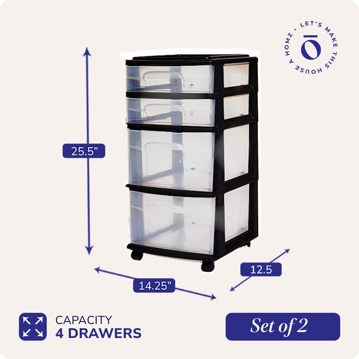Homz Plastic 4 Drawer Medium Storage Tower, Clear Drawers & Black Frame (2 Pack)