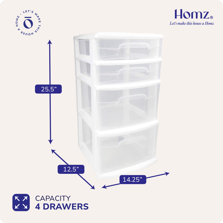 Homz Clear Plastic 4 Drawer Medium Home Storage Container Tower, White Frame