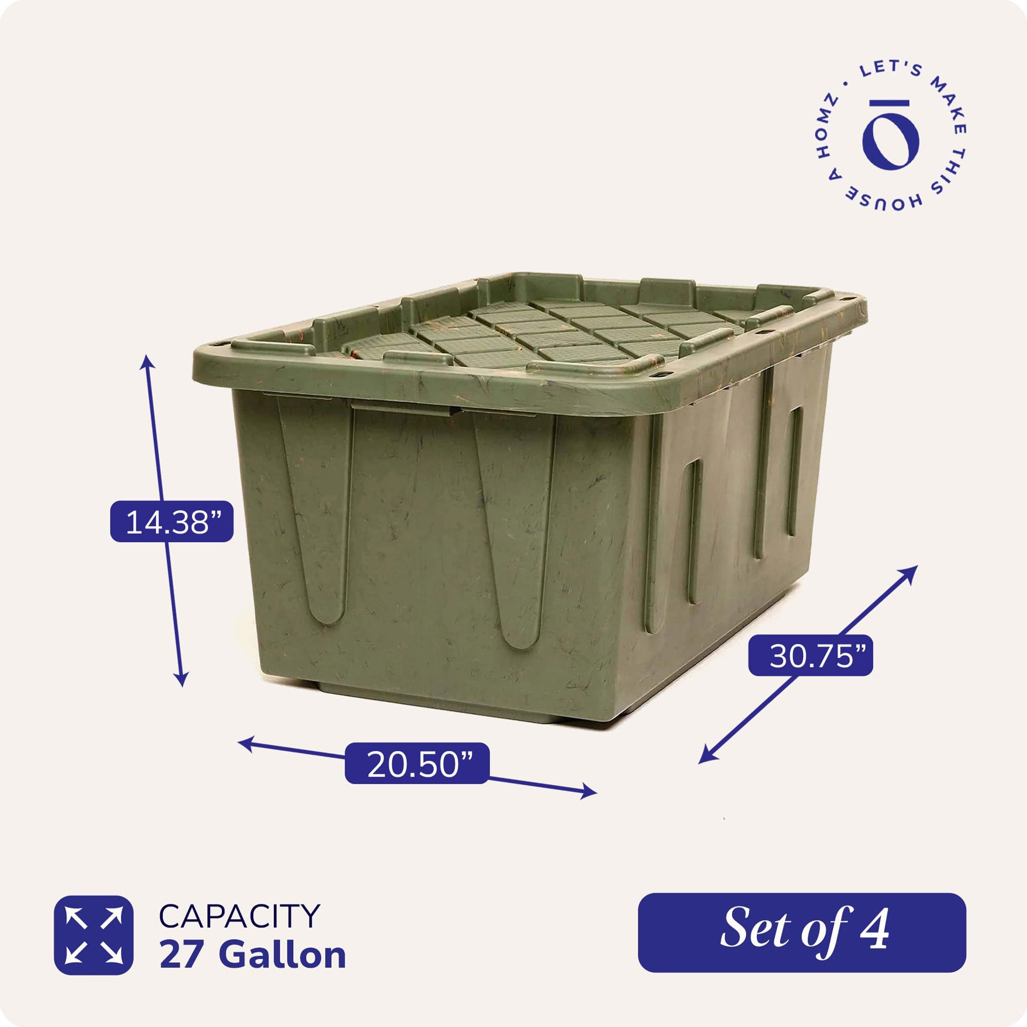 HOMZ Durabilt 27 Gallon Heavy Duty Storage Tote with Lid, Green Camo (4 Pack) - VMInnovations