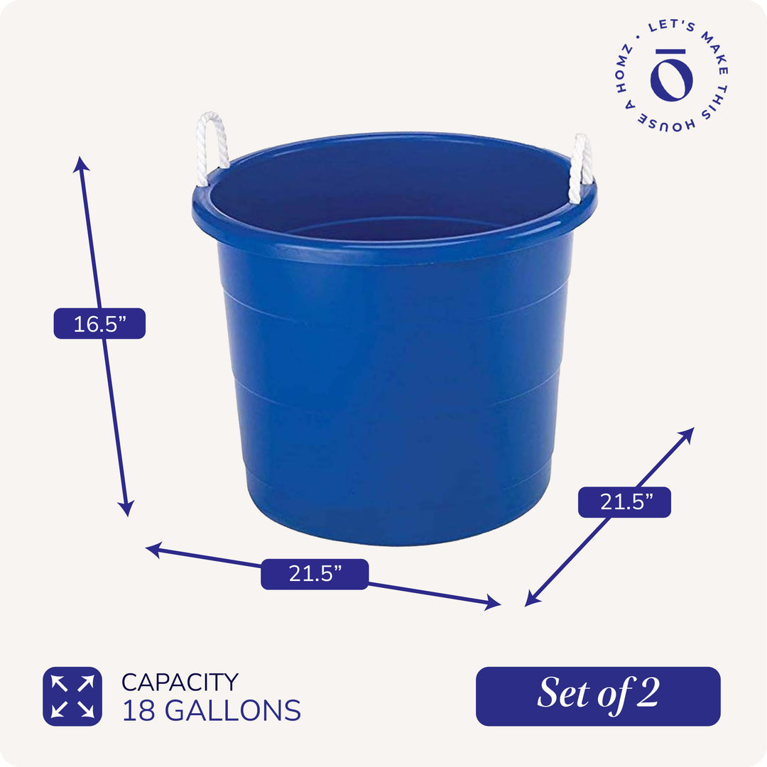 Homz 18 Gal Plastic Open Storage Round Utility Tub with Handles, Blue (2 Pack)