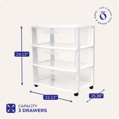 Homz Plastic 3 Clear Drawer Small Rolling Container Tower, White Frame(Open Box)