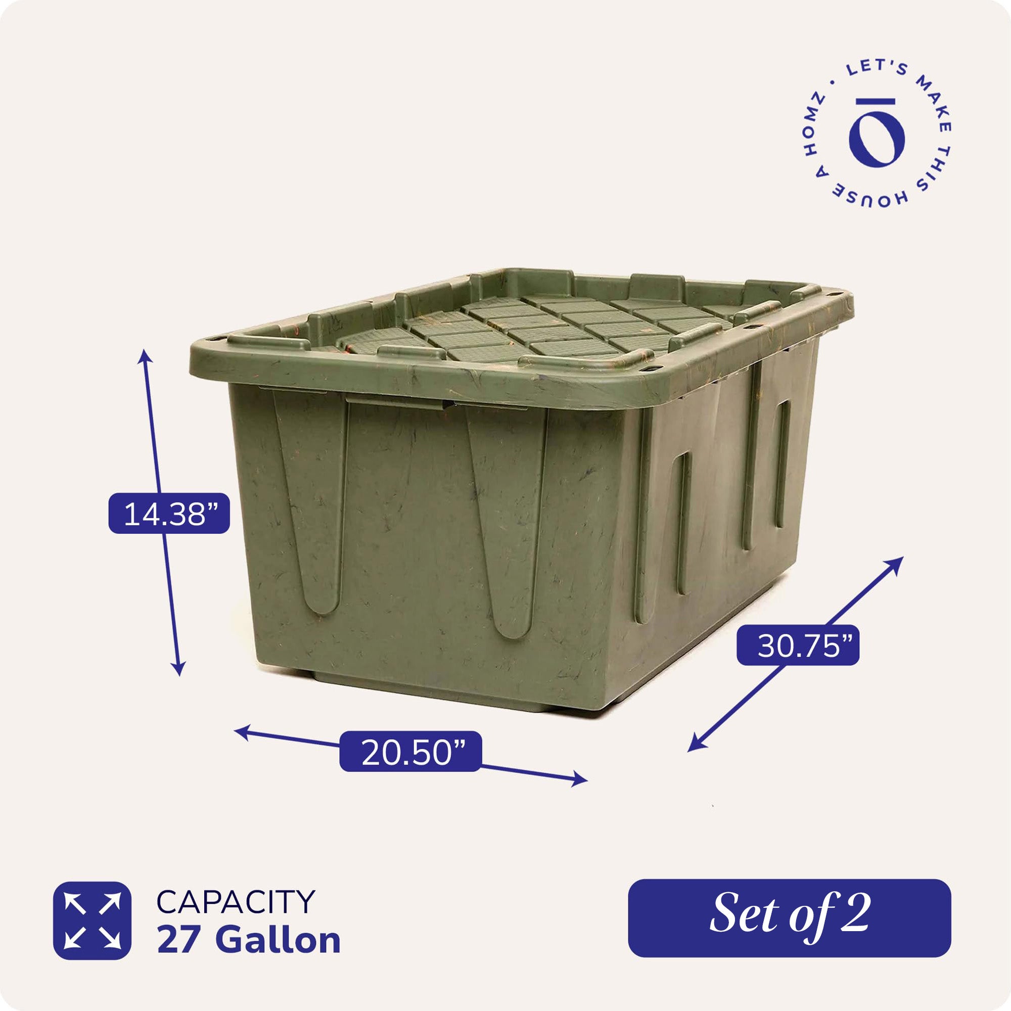 HOMZ 2 Pack Durabilt Storage, Stackable Bins, 27 Gallon Containers, Green Camo - VMInnovations