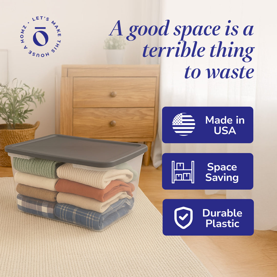 Homz 56 Qt Stackable Plastic Storage Container w/Snaplock Lid, Gray (2 Pack) - VMInnovations