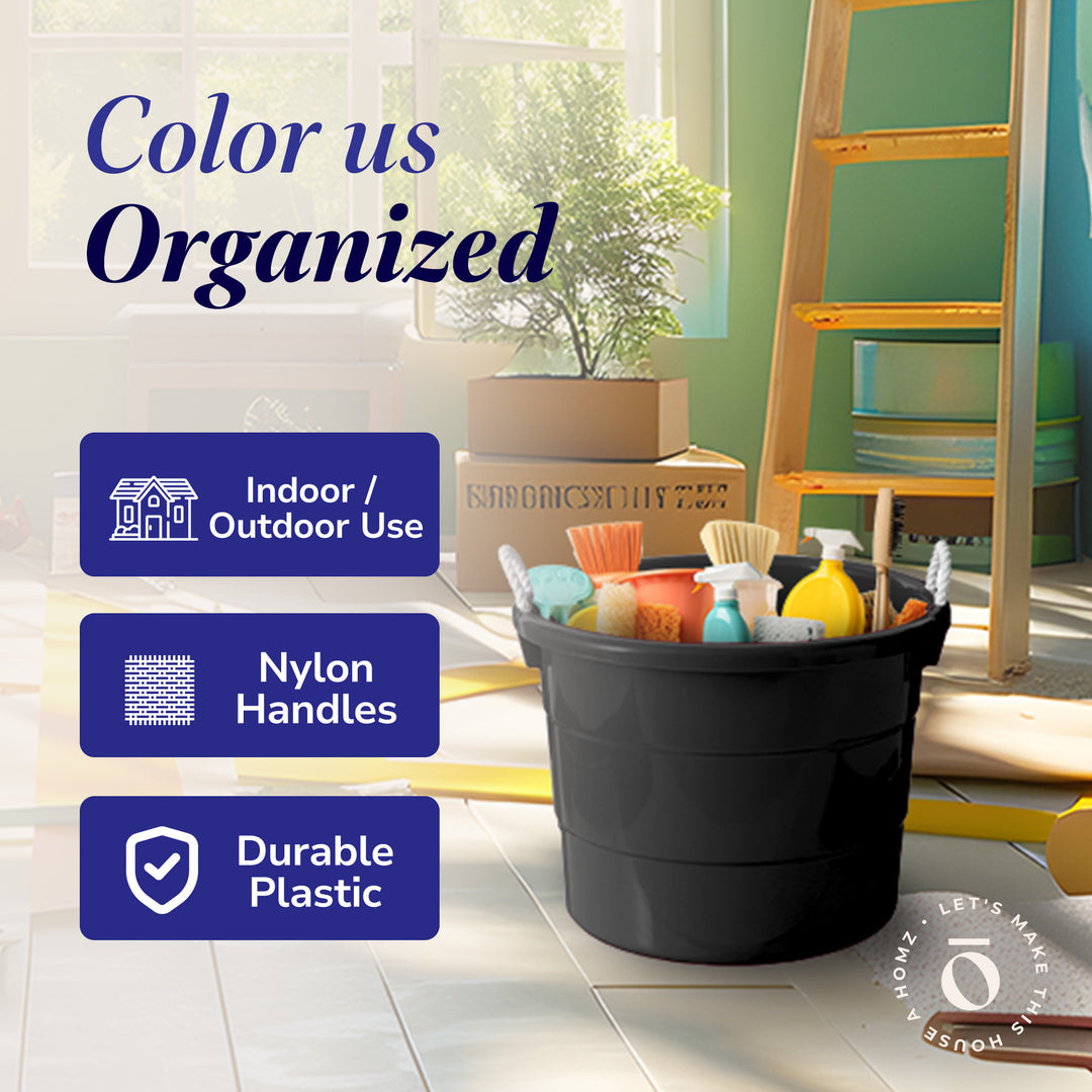 Homz 18 Gal Plastic Storage Bucket Tub w/ Rope Handles, Black, 2 Pack (Open Box) - VMInnovations