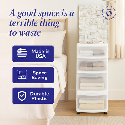 Homz Clear Plastic 4 Drawer Medium Home Storage Container Tower, White Frame