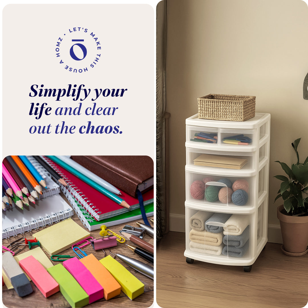 Homz Clear Plastic 4 Drawer Medium Home Storage Tower, White Frame (Used)