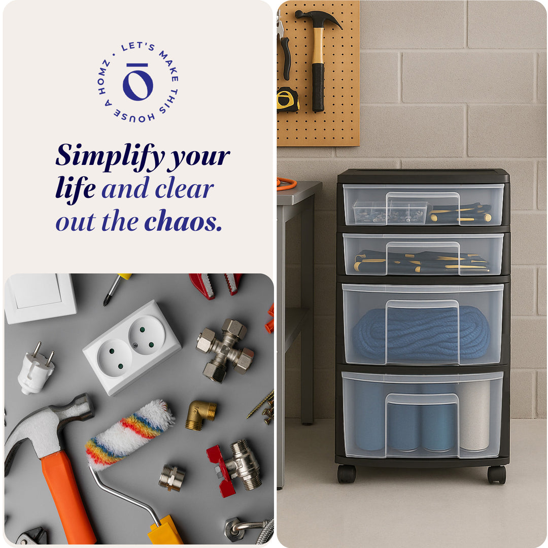 Homz Plastic 4 Drawer Medium Storage Tower, Clear Drawers & Black Frame (2 Pack)