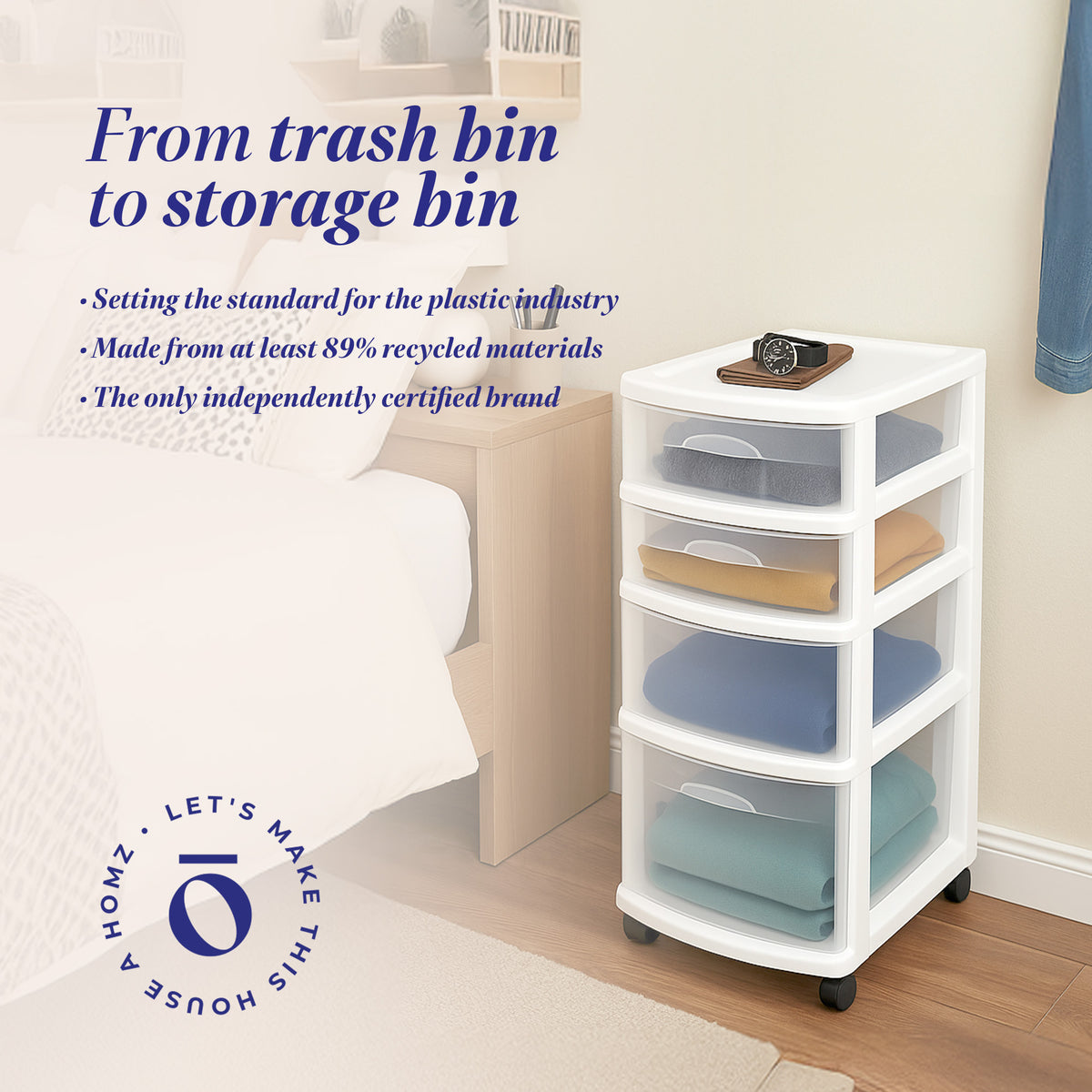 Homz Clear Plastic 4 Drawer Medium Home Storage Container Tower, White Frame