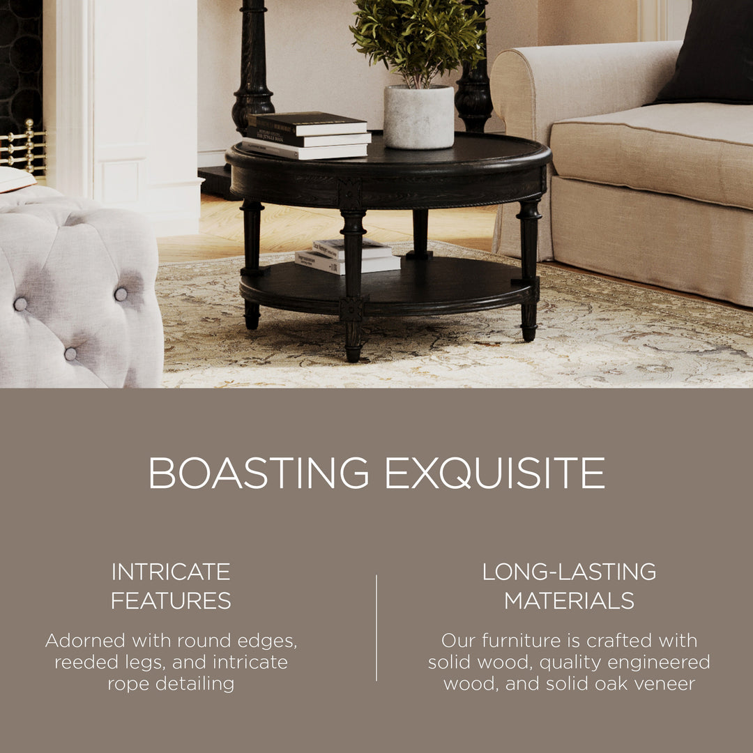 Maven Lane Pullman Traditional Round Wooden Coffee Table, Antiqued Black Finish - VMInnovations