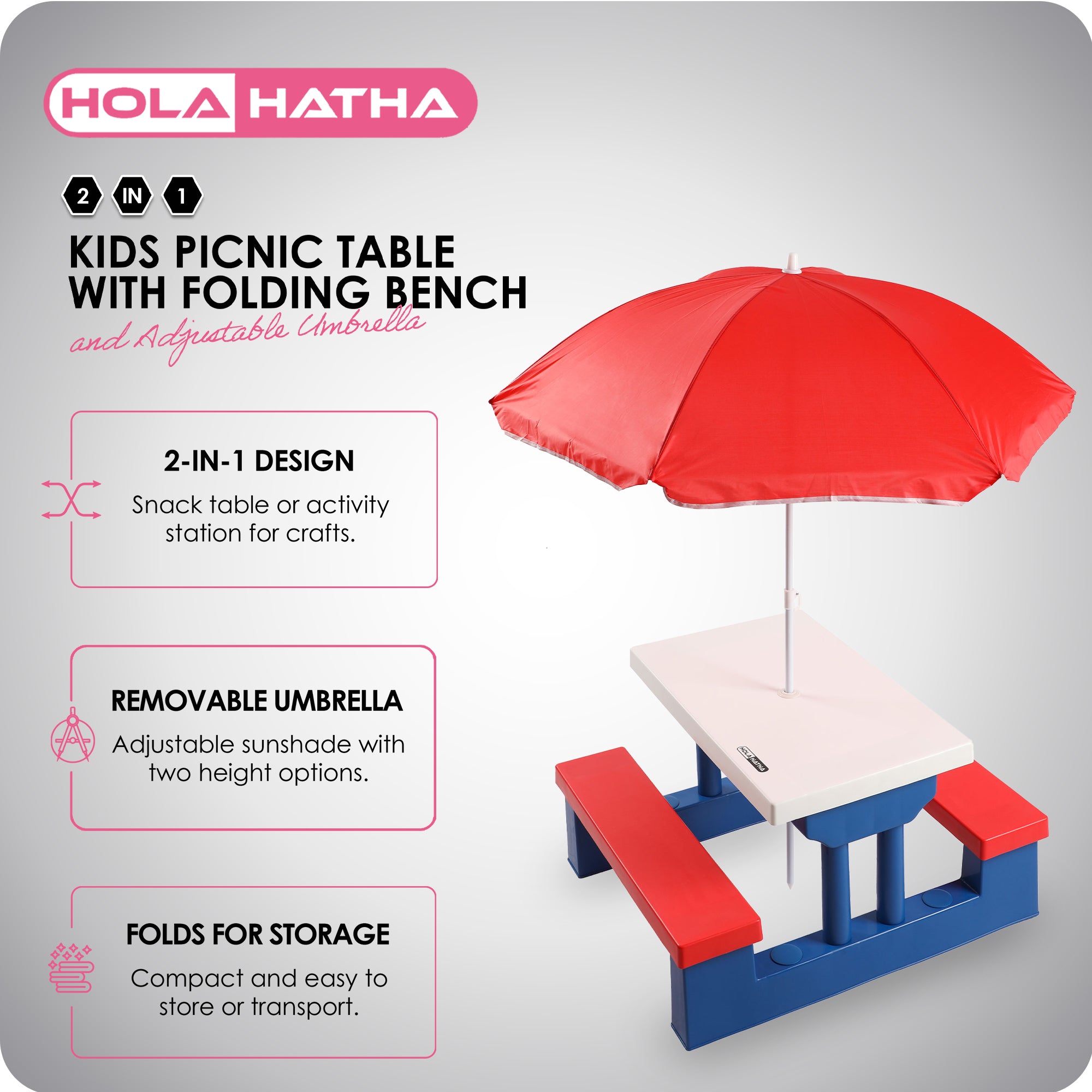 HolaHatha 2-in-1 Kids Picnic Table w/Folding Bench & Adjustable Umbrella (Used) - VMInnovations