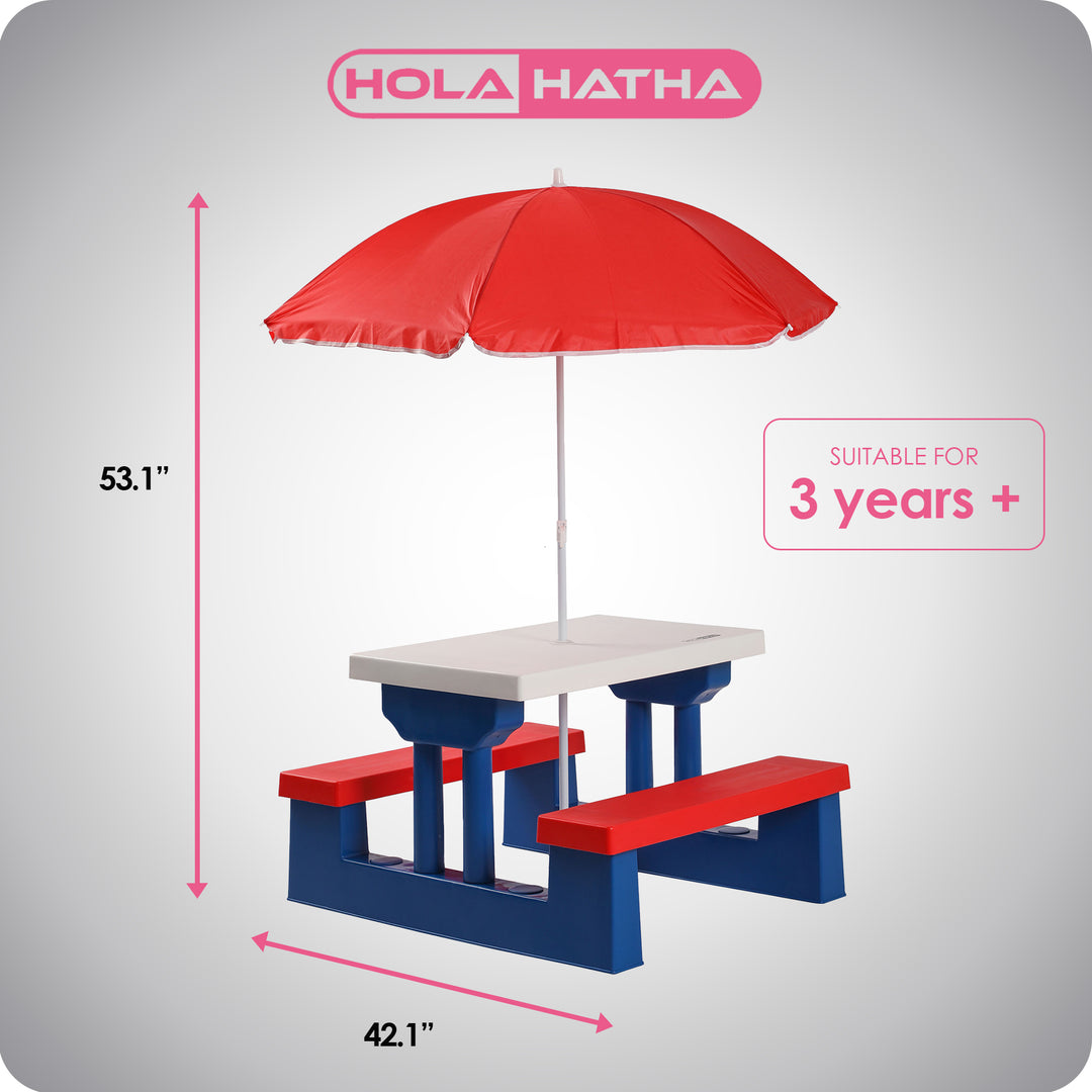 HolaHatha 2-in-1 Kids Picnic Table with Folding Bench and Adjustable Umbrella