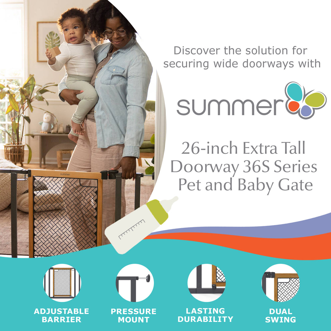 Summer 26" Extra Tall Doorway 36S Series Pet and Baby Gate, Oak Wood (Open Box) - VMInnovations