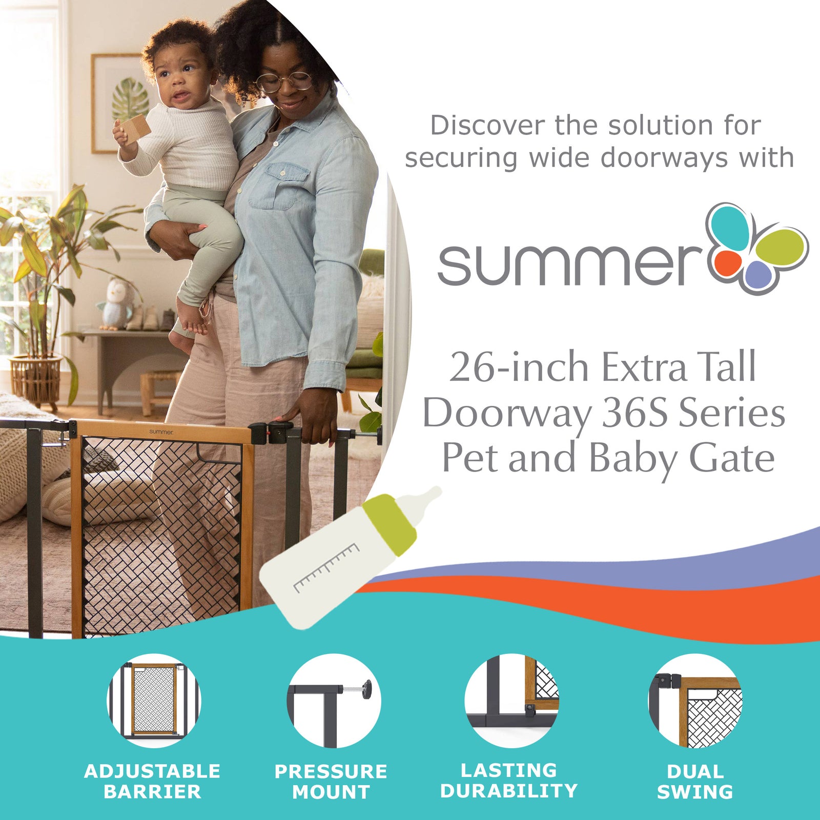 Summer 26" Extra Tall Doorway 36S Series Pet and Baby Gate, Oak Wood (Open Box) - VMInnovations