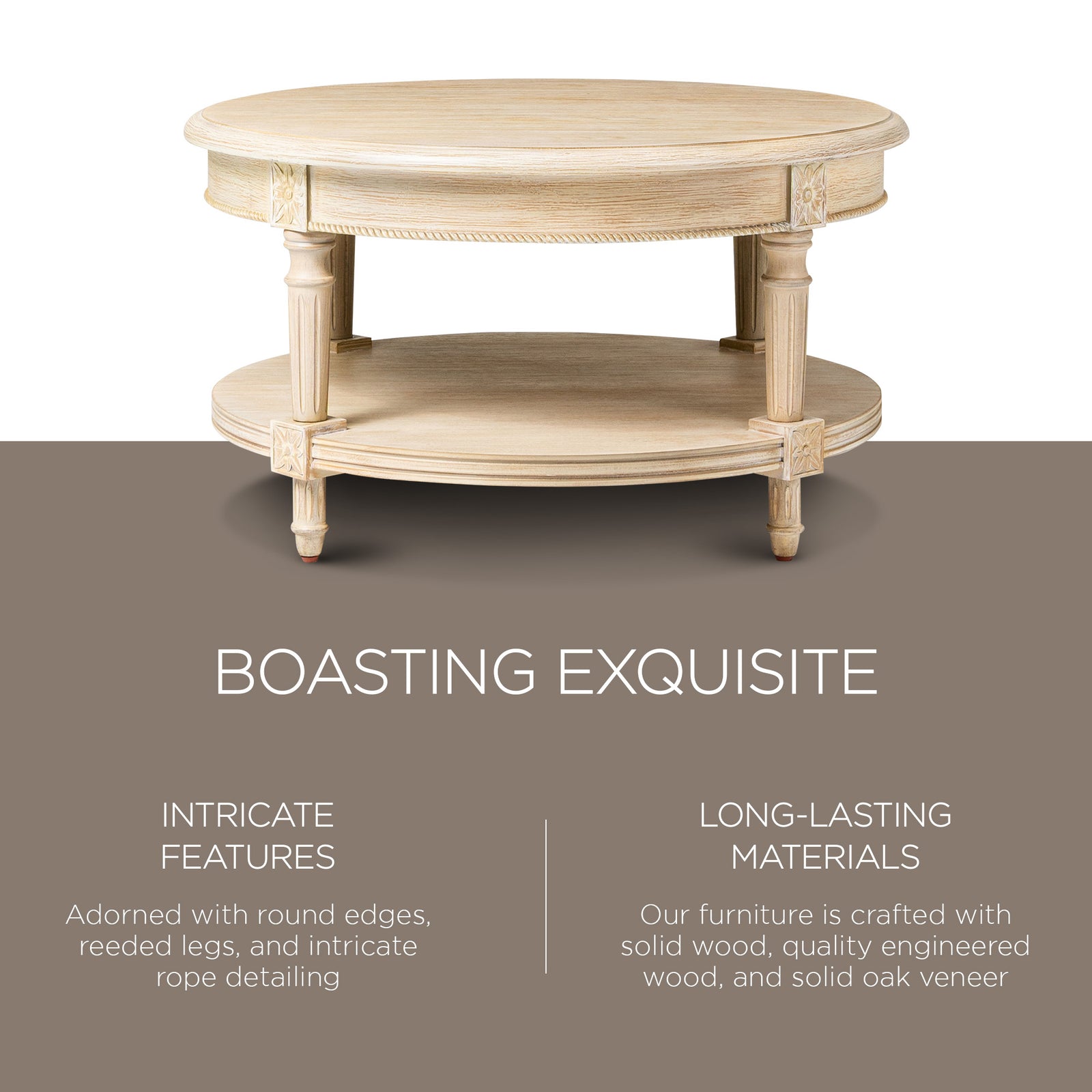 Maven Lane Pullman Traditional Round Wooden Coffee Table, Antiqued White Finish - VMInnovations